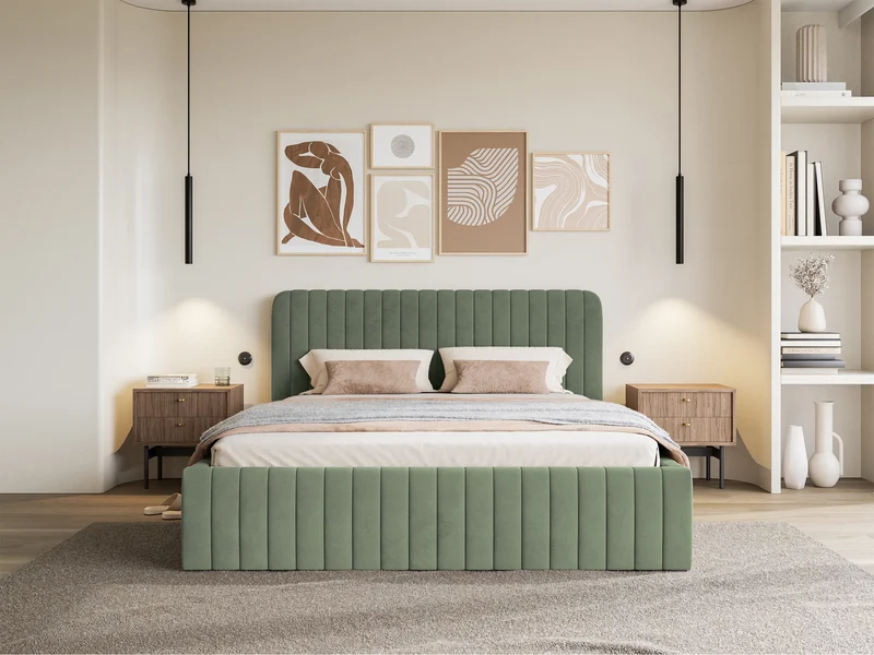 Polsterbett 140x200 cm Saliano mit Stauraum, eukalyptusfarbener Velours mit hydrophober Beschichtung