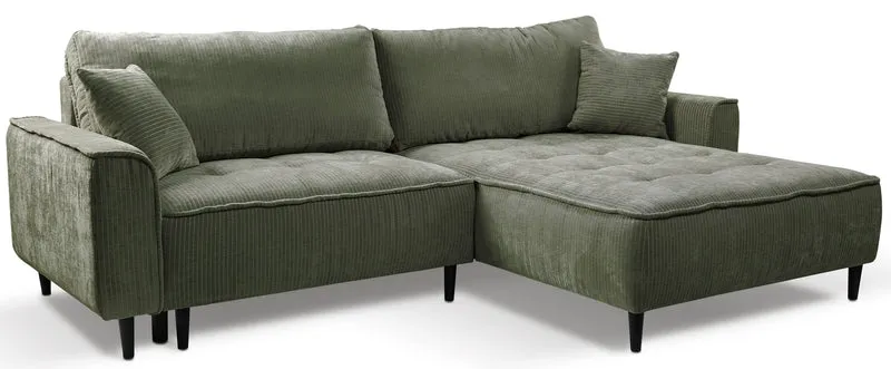 Ecksofa mit Schlafunktion Blues, L-förmig, rechtsseitig, mit Stauraum, Salbeigrüner Cordstoff