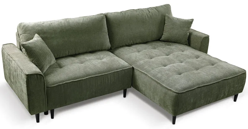 Ecksofa mit Schlafunktion Blues, L-förmig, rechtsseitig, mit Stauraum, Salbeigrüner Cordstoff