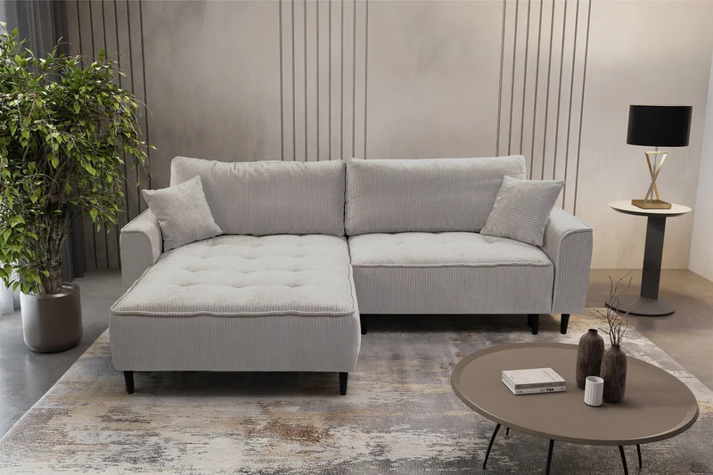Ecksofa mit Schlafunktion Blues, L-förmig, linksseitig, mit Stauraum, hellbeige Cordstoff