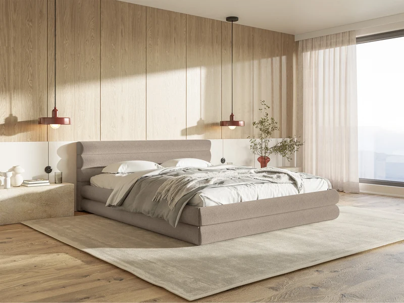 Polsterbett 140x200 cm Alegre mit Bettkasten, beige Chenille, Metallrahmen