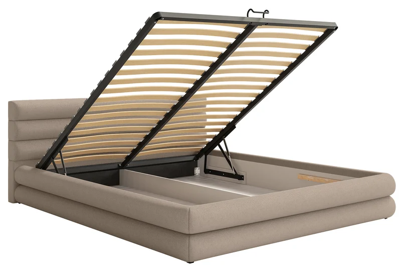 Polsterbett 140x200 cm Alegre mit Bettkasten, beige Chenille, Metallrahmen