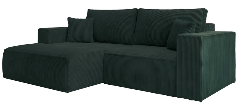 Ecksofa mit Schlaffunktion Farese Mini, L-förmig, linksseitig, mit Stauraum, dunkelgrüner Cordstoff