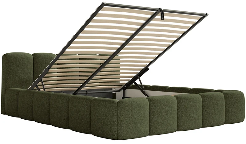 Polsterbett 140x200 cm Cloudy Low mit Stauraum, olivgrüner hydrophober Chenille-Stoff, Metallrahmen