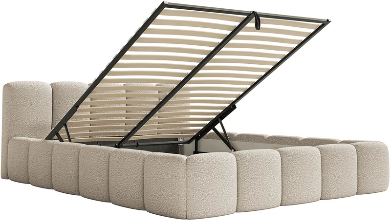 Polsterbett 180x200 cm Cloudy Low mit Stauraum, hellbeige Bouclé, Metallrahmen