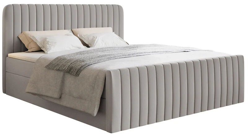 Kontinentalbett 200x200 cm Saliano mit Stauraum und Topper, hellbeiger hydrophober Chenillestoff