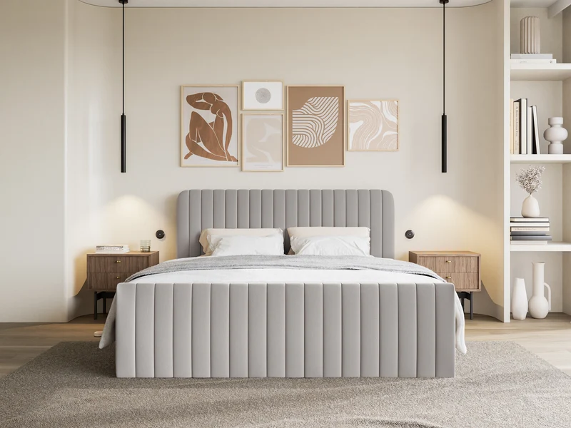 Kontinentalbett 200x200 cm Saliano mit Stauraum und Topper, hellbeiger hydrophober Chenillestoff