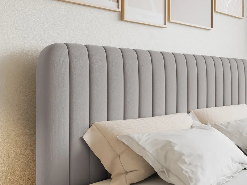 Kontinentalbett 200x200 cm Saliano mit Stauraum und Topper, hellbeiger hydrophober Chenillestoff