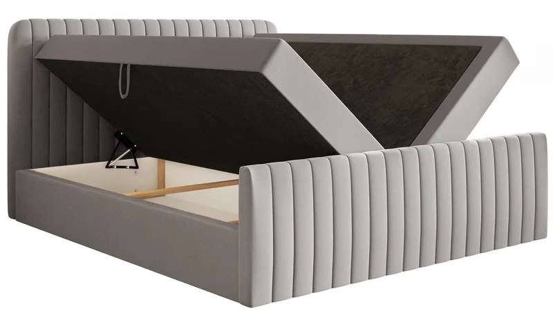Kontinentalbett 200x200 cm Saliano mit Stauraum und Topper, hellbeiger hydrophober Chenillestoff