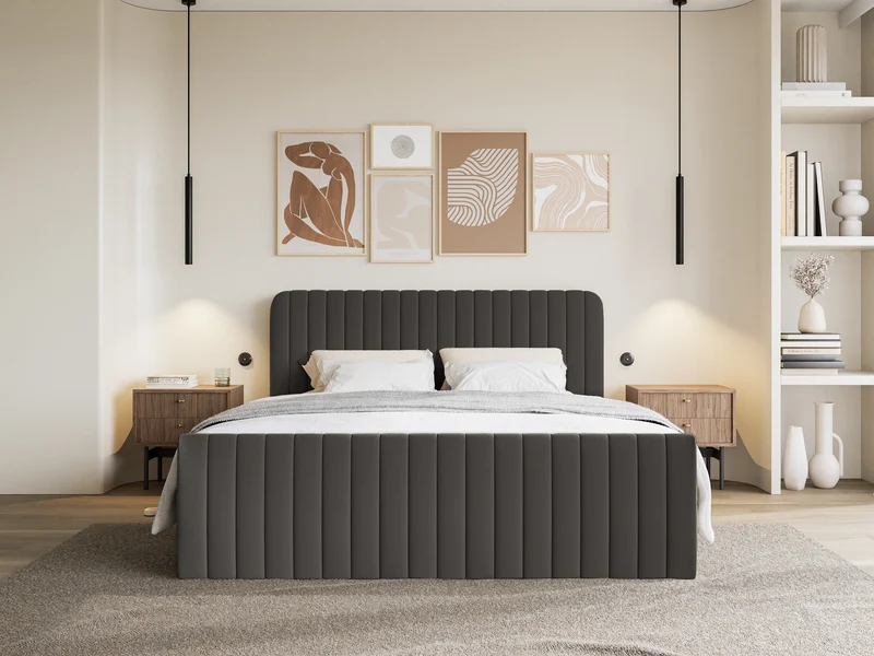 Kontinentalbett 140x200 cm Saliano mit Stauraum und Topper, grafitfarben, hydrophobes Chenille