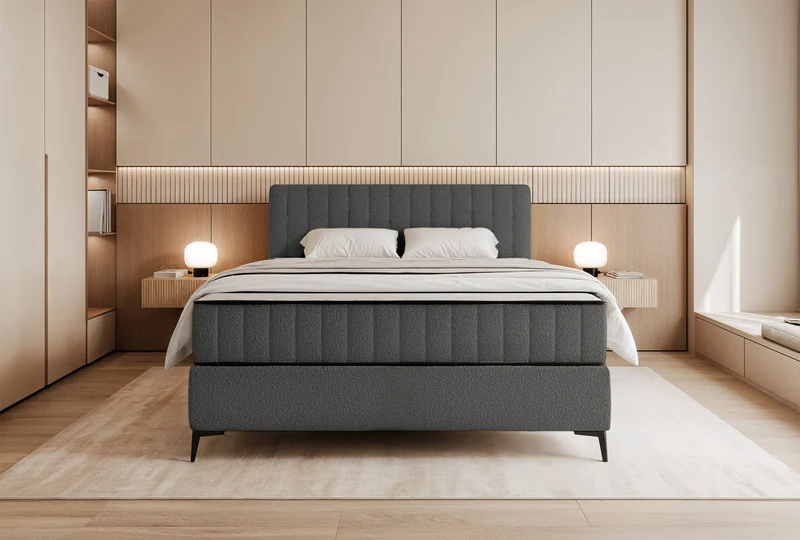 Kontinentales Bett 140x200 cm Mufasso mit Stauraum, dunkelgrauer Bouclé-Bezug