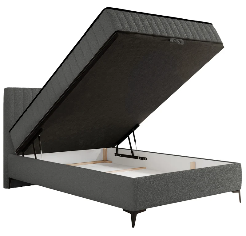 Kontinentales Bett 140x200 cm Mufasso mit Stauraum, dunkelgrauer Bouclé-Bezug