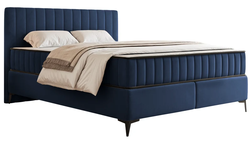 Kontinentales Bett 180x200 cm Mufasso mit Stauraum, marineblauer Veloursstoff, wasserabweisend