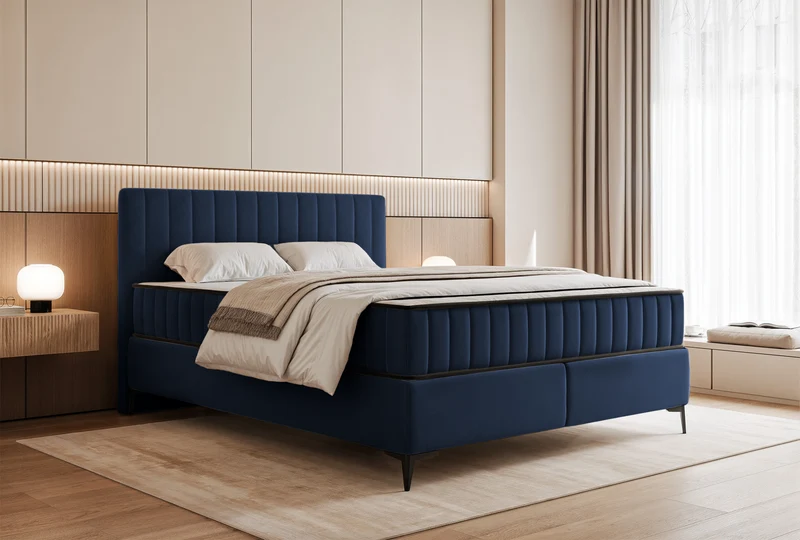 Kontinentales Bett 180x200 cm Mufasso mit Stauraum, marineblauer Veloursstoff, wasserabweisend