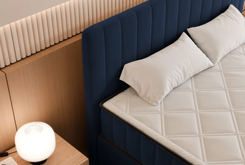 Kontinentales Bett 180x200 cm Mufasso mit Stauraum, marineblauer Veloursstoff, wasserabweisend