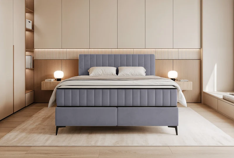 Kontinentales Bett 180x200 cm Mufasso mit Stauraum, hellgrauer Velours, wasserabweisend