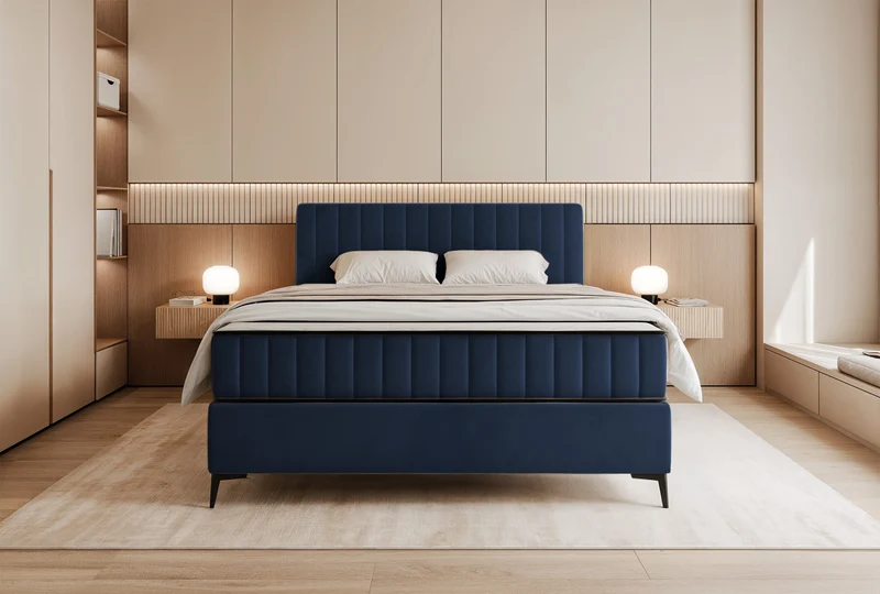 Kontinentalbett 140x200 cm Mufasso mit Stauraum, marineblauer Velours, wasserabweisend