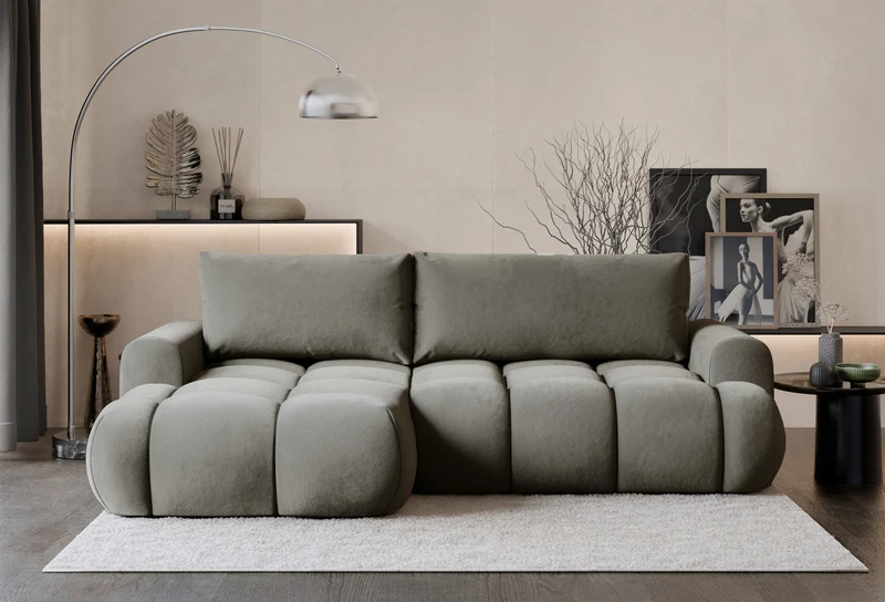 Ecksofa mit Schlaffunktion Ombo Mini, L-förmig, linksseitig, mit Stauraum, grau-brauner, hydrophober Samt
