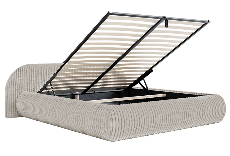 Polsterbett 160x200 cm Shels Low mit Stauraum, Metallrahmen, dickes graubeiges Cordstoff