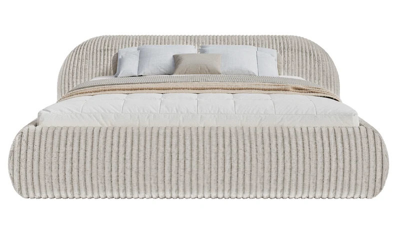 Polsterbett 160x200 cm Shels Low mit Stauraum, Metallrahmen, dickes graubeiges Cordstoff