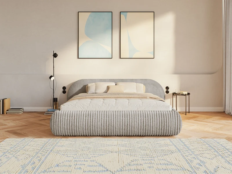 Polsterbett 180x200 cm Shels Low mit Stauraum, Metallrahmen, grau-beige, dicker Cordstoff