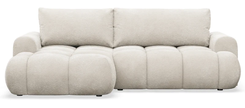 Ecksofa mit Schlaffunktion Ombo Mini, L-förmig, linksseitig, mit Stauraum, cremefarbenes Bouclé
