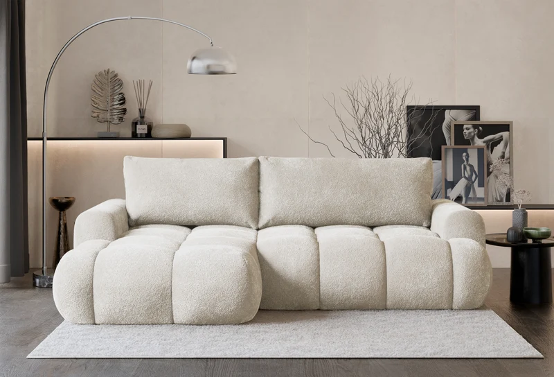 Ecksofa mit Schlaffunktion Ombo Mini, L-förmig, linksseitig, mit Stauraum, cremefarbenes Bouclé