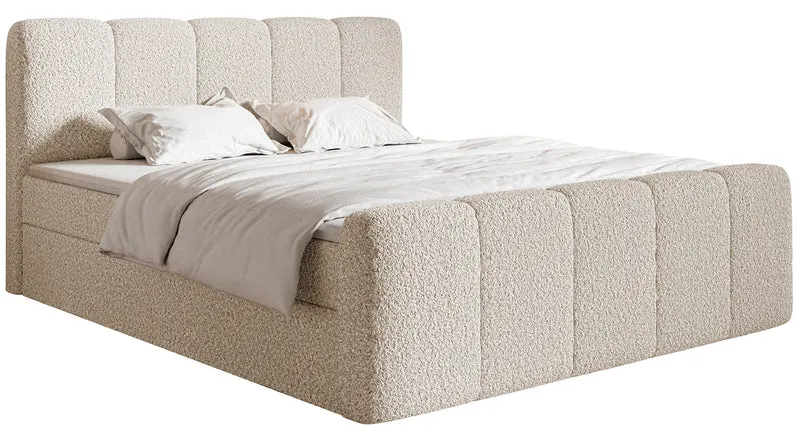 Kontinentalbett 180x200 cm Cloudy II mit Stauraum und Topper, hellbeiges Bouclé