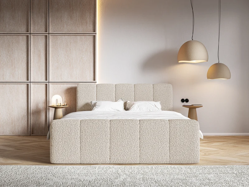 Kontinentalbett 180x200 cm Cloudy II mit Stauraum und Topper, hellbeiges Bouclé