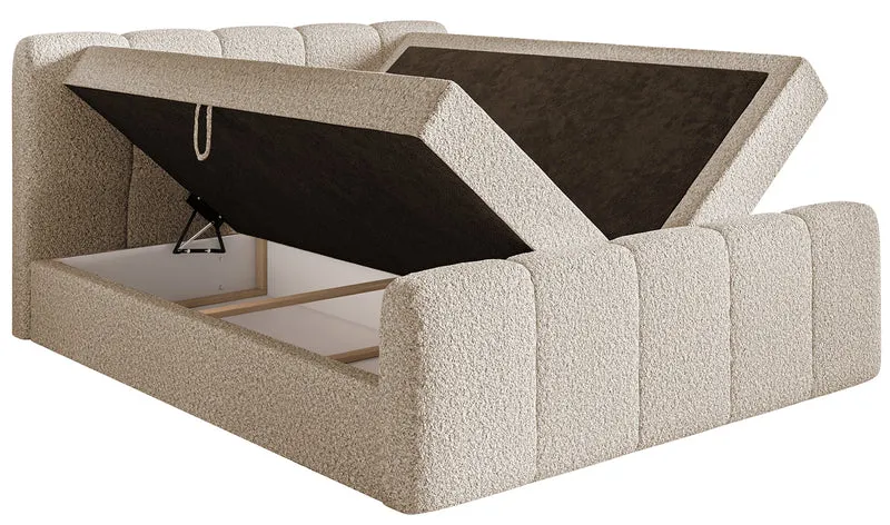 Kontinentalbett 180x200 cm Cloudy II mit Stauraum und Topper, hellbeiges Bouclé