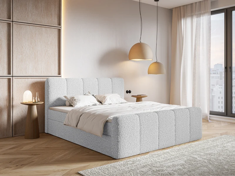 Kontinentalbett 160x200 cm Cloudy II mit Stauraum und Topper, hellgraues Bouclé