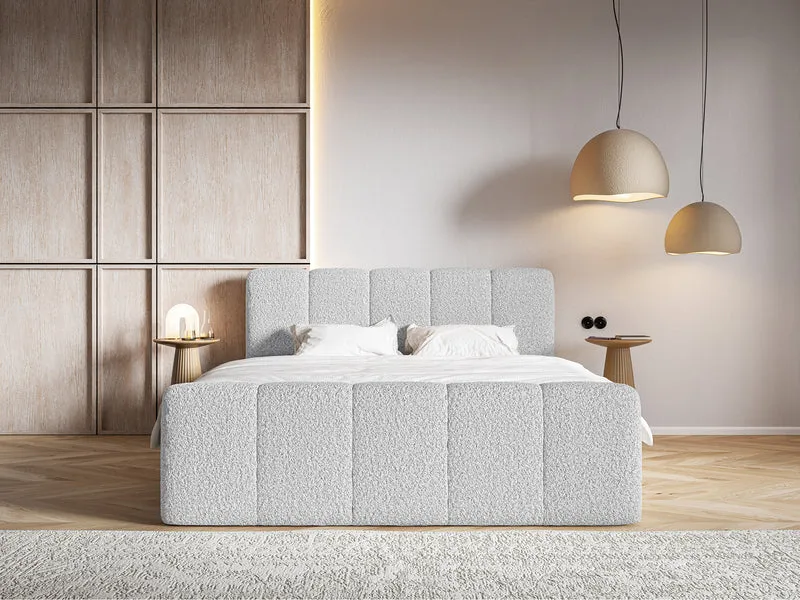 Kontinentalbett 160x200 cm Cloudy II mit Stauraum und Topper, hellgraues Bouclé