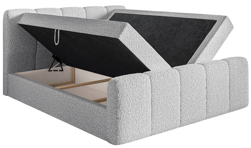 Kontinentalbett 160x200 cm Cloudy II mit Stauraum und Topper, hellgraues Bouclé