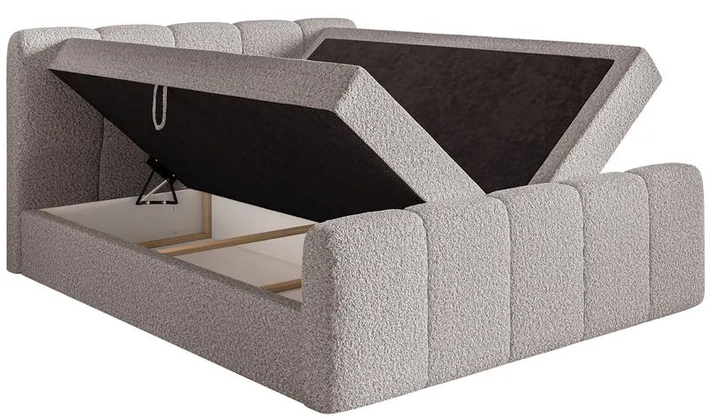 Kontinentalbett 140x200 cm Cloudy II mit Stauraum und Topper, grau-braunes Bouclé