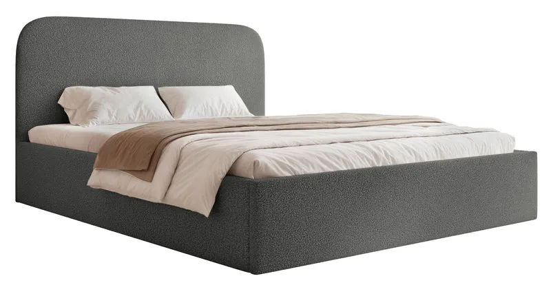 Gepolstertes Bett 160x200 cm Sonvivo mit Bettkasten, dunkelgrauer Bouclé-Bezug, Metallrahmen