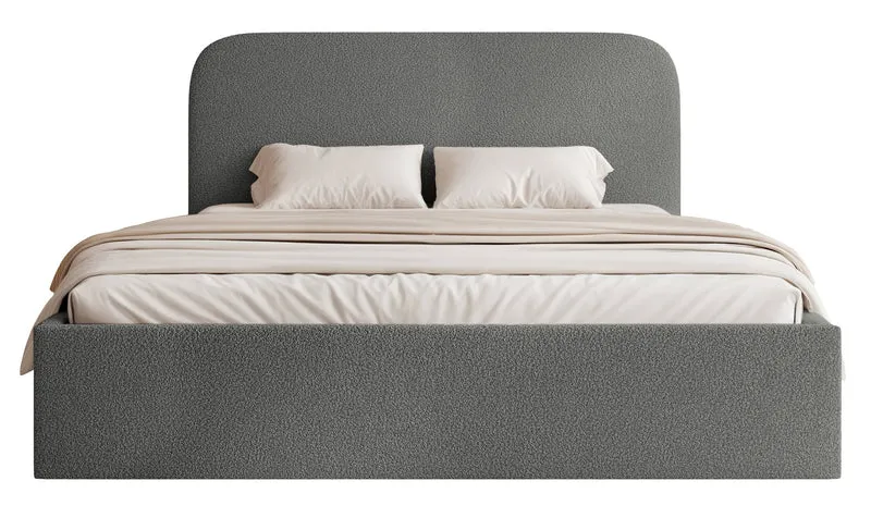 Gepolstertes Bett 160x200 cm Sonvivo mit Bettkasten, dunkelgrauer Bouclé-Bezug, Metallrahmen