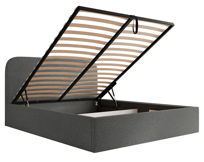 Gepolstertes Bett 160x200 cm Sonvivo mit Bettkasten, dunkelgrauer Bouclé-Bezug, Metallrahmen