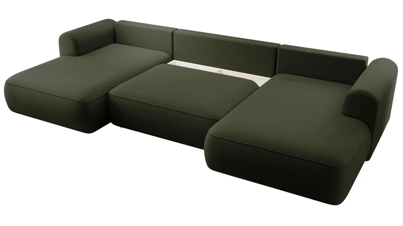 Ecksofa mit Schlaffunktion Ovo U-förmig mit Stauraum, olivgrüner, pflegeleichter Samt, universell einsetzbar
