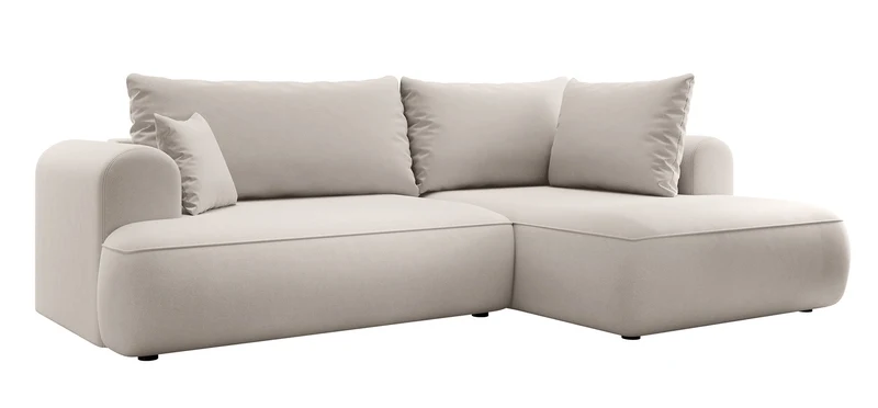 Ecksofa mit Schlaffunktion Ovo, L-förmig, mit Armlehne und Stauraum, cremefarbener, leicht zu reinigender Samt, rechtsseitig