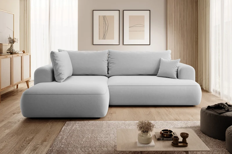Ecksofa mit Schlaffunktion Ovo, L-förmig, mit Armlehne und Stauraum, grauer, leicht zu reinigender Samt, linksseitig