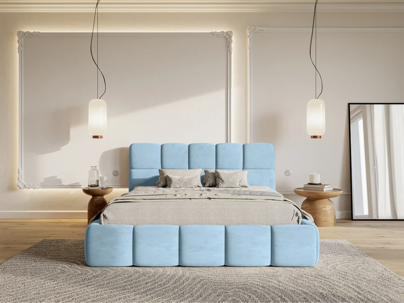 Gepolstertes Bett 140x200 cm Cloudy in hellblauem Velours, wasserabweisend und leicht zu reinigen