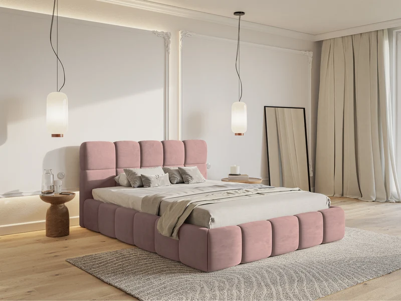 Gepolstertes Bett 140x200 cm Cloudy hellrosa Velours, wasserabweisend und leicht zu reinigen