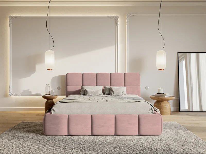 Gepolstertes Bett 140x200 cm Cloudy hellrosa Velours, wasserabweisend und leicht zu reinigen