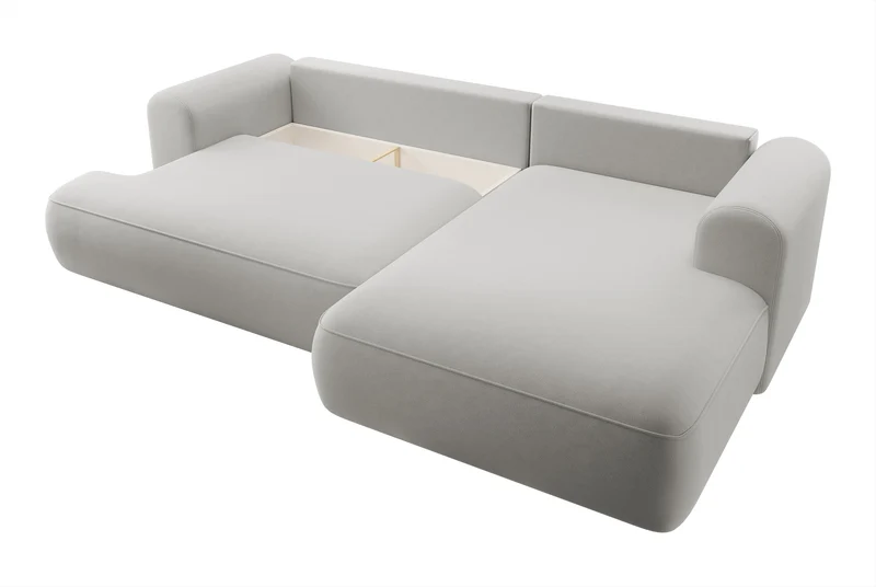 Ecksofa mit Schlafunktion Ovo, L-förmig, grau, Samt, mit Stauraum, aus pflegeleichtem Stoff, rechtsseitig