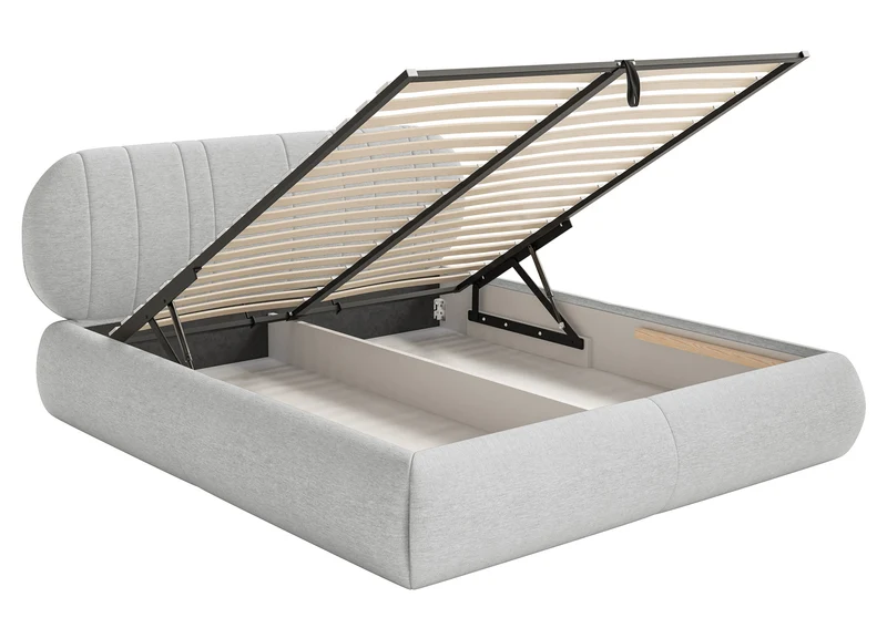 Gepolstertes Bett 160x200 cm Asmelio mit Stauraum, Metallrahmen, hellgraues Geflecht