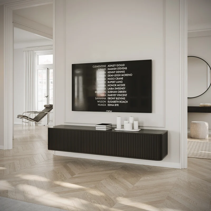Hängender TV-Schrank Ovarlo mit Rillen, dreitürig, 163 cm, schwarz