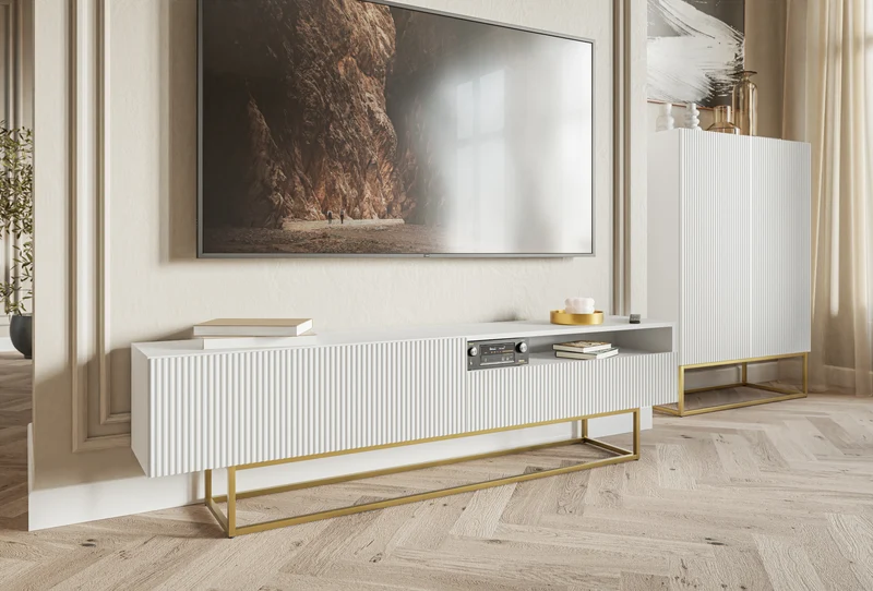 TV-Schrank Veldio mit gefräster Front und Nische, 175 cm, Weiß mit goldenen Beinen
