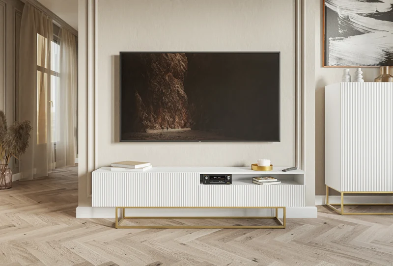 TV-Schrank Veldio mit gefräster Front und Nische, 175 cm, Grau-Beige mit goldenen Beinen