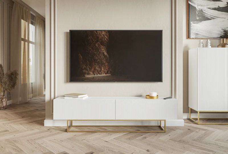 TV-Schrank Veldio mit gefräster Front 175 cm Grau-Beige mit goldenen Beinen