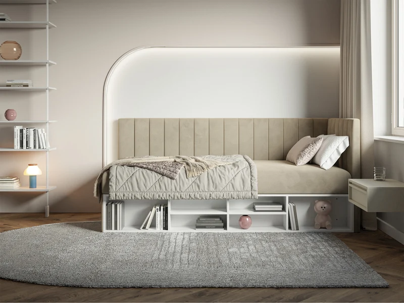 Jugendbett 90x200 cm Ventrio rechtsseitig mit Stauraum und Regalen, hellgraubeiger Velours, wasserabweisend und leicht zu reinigen